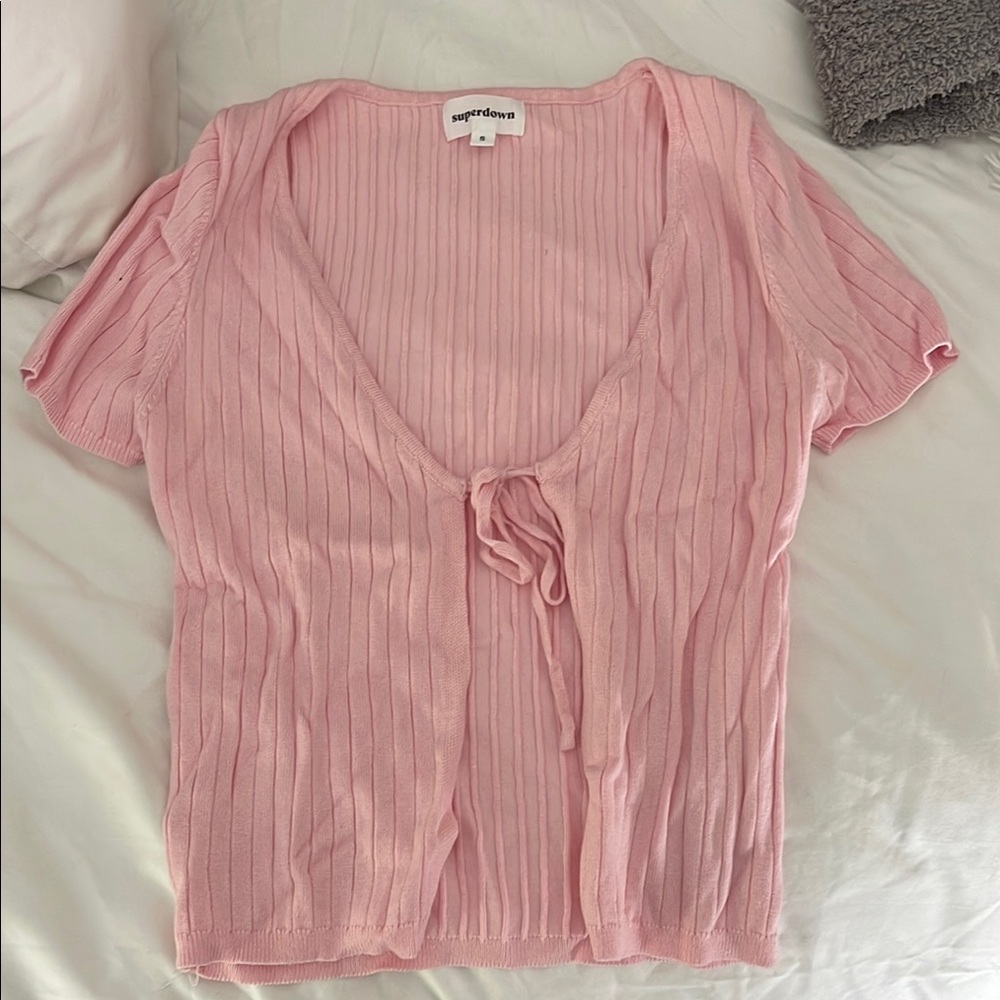 Superdown Pink Ribbed Tie-Front Top